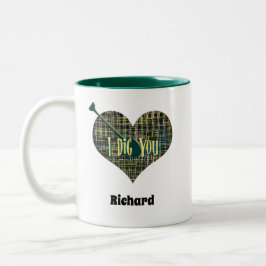 Ik heb je geel rasterhart met schop gegraven tweekleurige koffiemok