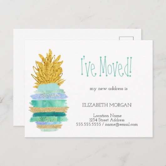 Ik heb me verplaatst, Groen, Glitter Pineapple Nie Aankondigingskaart (Voorkant / Achterkant)