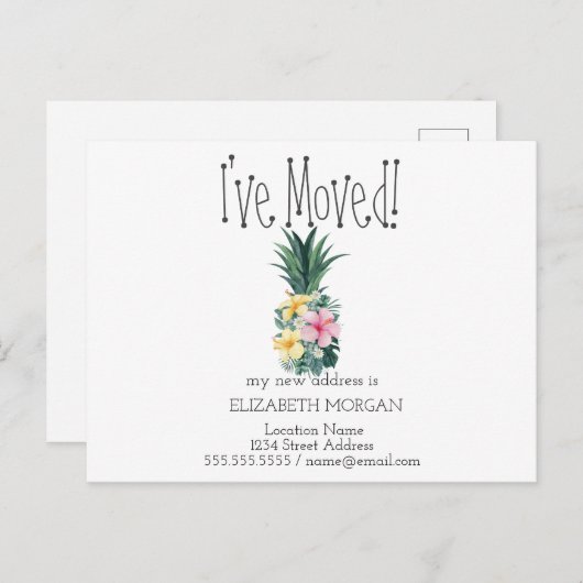 Ik heb me verplaatst, Pineapple Tropical Flowers N Aankondigingskaart (Voorkant / Achterkant)