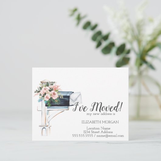 Ik heb me verplaatst, Waterverf Blauwe Mailbox Flo Aankondigingskaart (Staand voorkant)