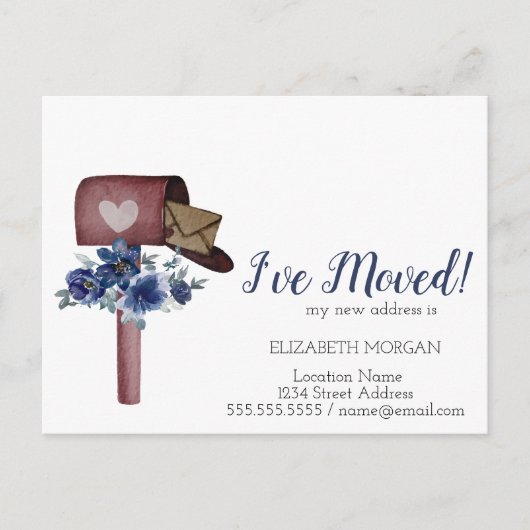 Ik heb me verplaatst, Waterverf Mailbox Blue Flowe Aankondigingskaart (Voorkant)