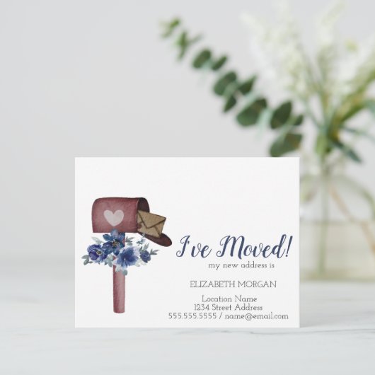 Ik heb me verplaatst, Waterverf Mailbox Blue Flowe Aankondigingskaart (Staand voorkant)