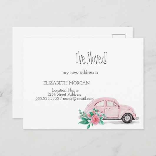 Ik heb me verplaatst, Waterverf roze auto, bloemen Aankondigingskaart (Voorkant / Achterkant)