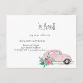 Ik heb me verplaatst, Waterverf roze auto, bloemen Aankondigingskaart (Voorkant)