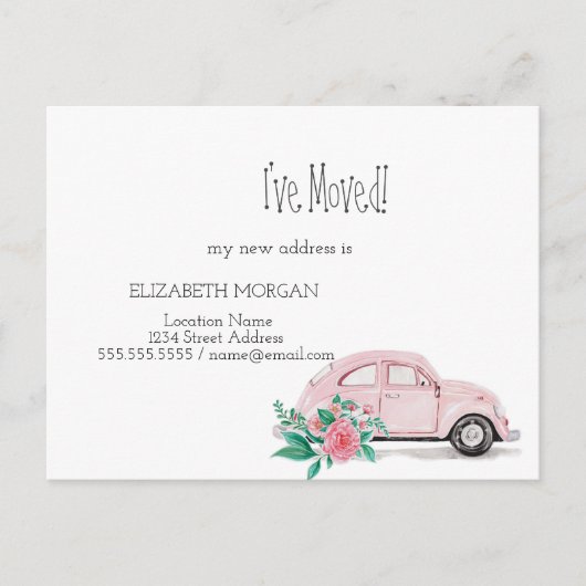 Ik heb me verplaatst, Waterverf roze auto, bloemen Aankondigingskaart (Voorkant)