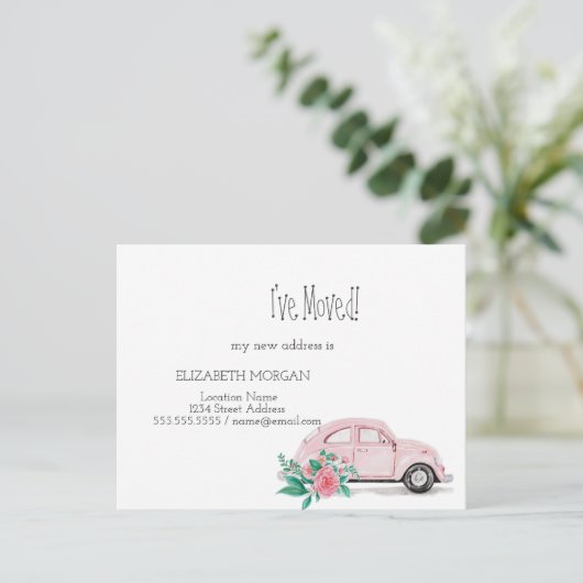 Ik heb me verplaatst, Waterverf roze auto, bloemen Aankondigingskaart (Staand voorkant)