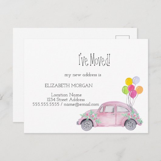 Ik heb me verplaatst, Waterverf Roze auto, Nieuw A Aankondigingskaart (Voorkant / Achterkant)