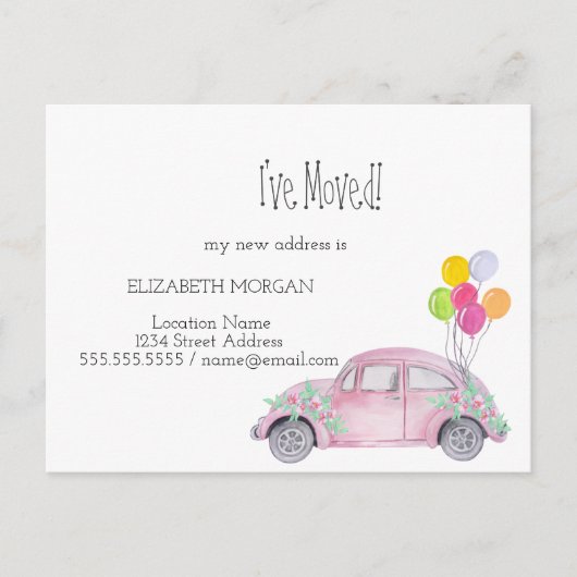 Ik heb me verplaatst, Waterverf Roze auto, Nieuw A Aankondigingskaart (Voorkant)