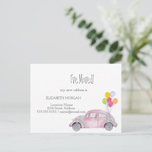 Ik heb me verplaatst, Waterverf Roze auto, Nieuw A Aankondigingskaart (Staand voorkant)
