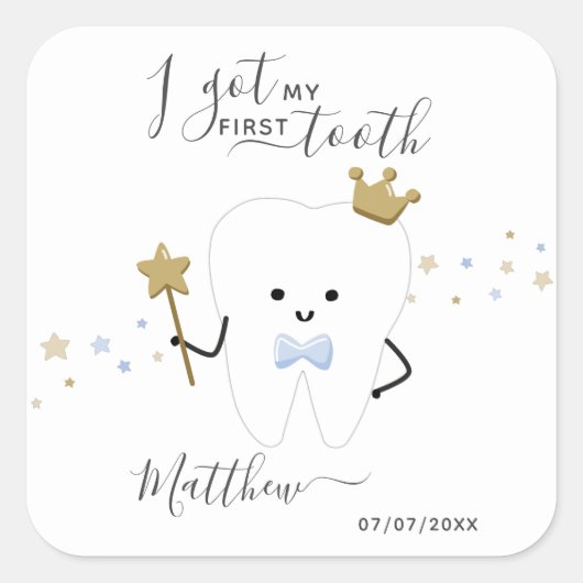 Ik heb mijn eerste tand Baby Boy Teething Date Squ Vierkante Sticker (Voorkant)