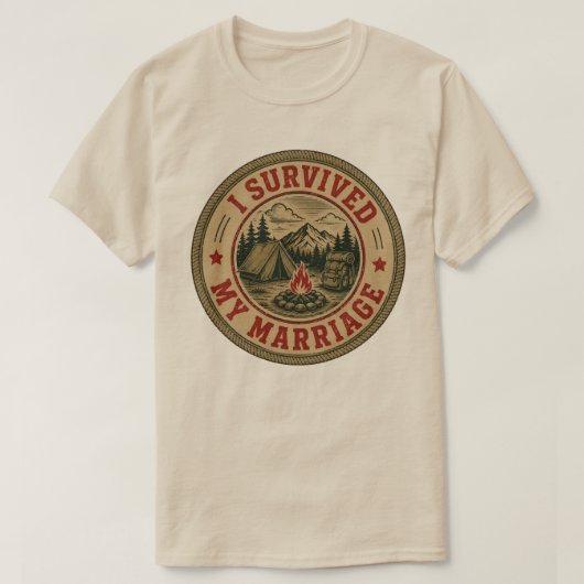 Ik heb mijn huwelijk overleefd, grappige campingba t-shirt (Design voorkant)