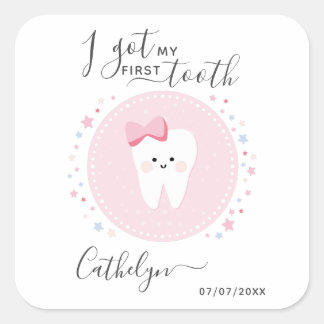 Ik heb m'n eerste tandenkootje babymeisje teething vierkante sticker