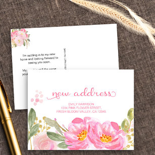 Ik heb Roze Goud Waterverf Bloemen Nieuw Adres ver Aankondigingskaart