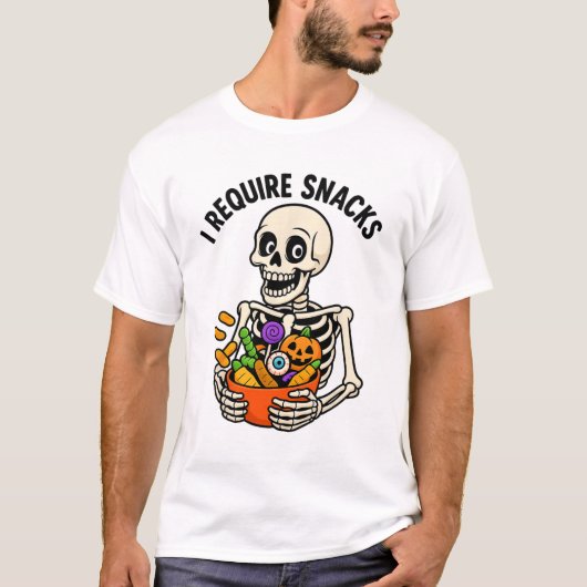 Ik heb snacks nodig Grappig skelet Halloween meme T-shirt (Voorkant)