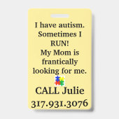 Ik heb soms autisme, IK REN - ID-badge Bel mama Badge (Achterkant)