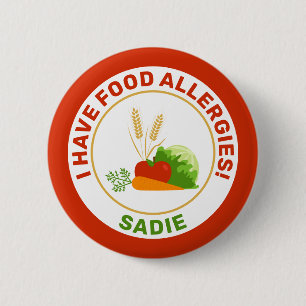 Ik heb voedselallergieën & naam met cartoonvoedsel ronde button 5,7 cm