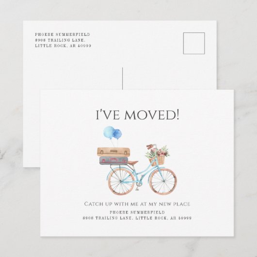 Ik heb Waterverf Blue Bike New Address Moving Aankondigingskaart (Voorkant / Achterkant)