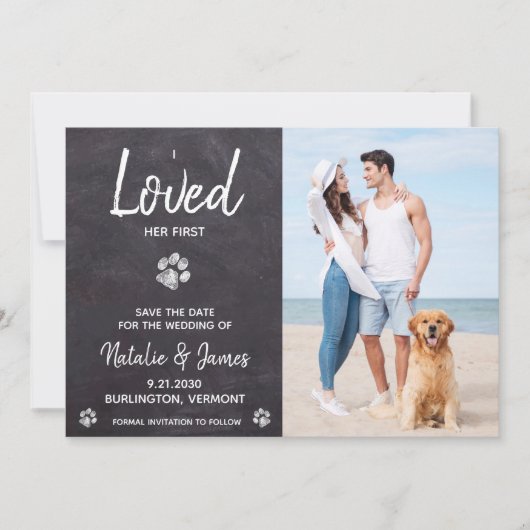 Ik hield eerst van haar Rustieke hond huwelijksfee Save The Date (Voorkant)