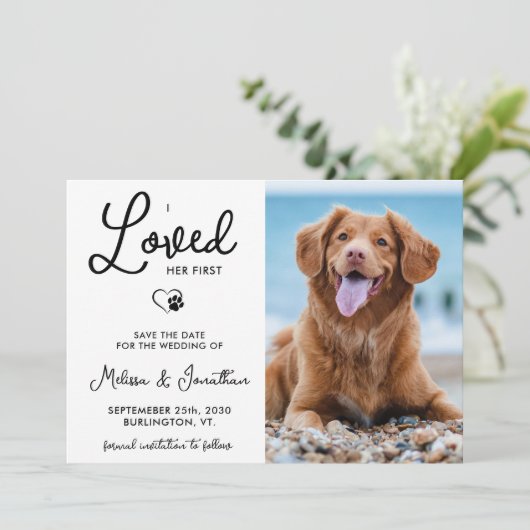 Ik hield van haar eerste aangepaste foto-weddensch save the date (Staand voorkant)