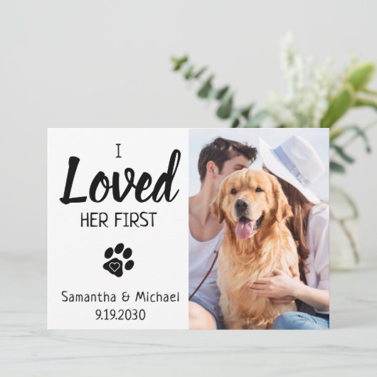 Ik hield van haar eerste aangepaste foto-weddensch save the date (Staand voorkant)