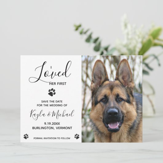 Ik hield van haar eerste - moderne legante hondenw save the date (Staand voorkant)