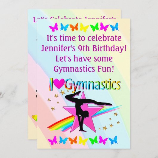 IK HOOR VAN GYMNASTICS BIRTHDAY-INVITATIE KAART (Voorkant / Achterkant)