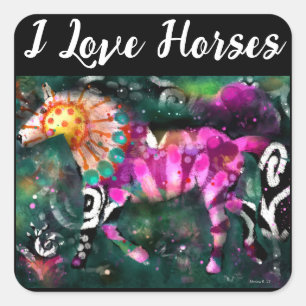 Ik hou van Abstracte grillige paardenschilderijen Vierkante Sticker