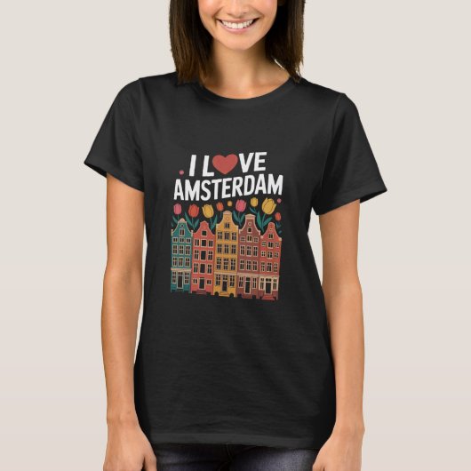 Ik hou van Amsterdam Hart Tulpen Huizen T-shirt (Voorkant)