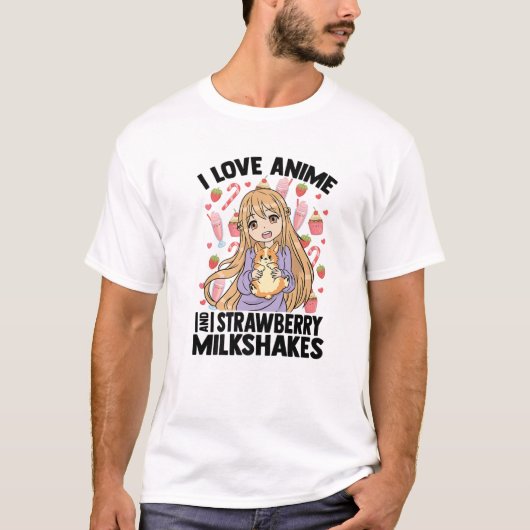 Ik hou van Anime en Aardbeien Melkshakes - Kawaii T-shirt (Voorkant)