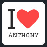 Ik hou van anthony vierkante sticker<br><div class="desc">Ik hou van Anthony,  voor mannen noemen liefhebbers</div>