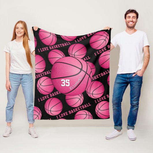 Ik hou van basketbalmeisjes roze basketballen fleece deken (In situ)