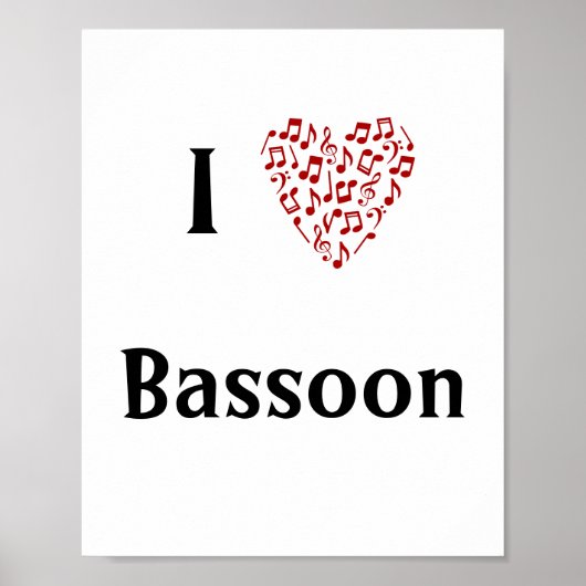 Ik hou van Bassoon Rood Hart van Muzieknoten Poster (Voorkant)