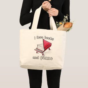 Ik hou van boeken en piano, authentieke kunst uit grote tote bag