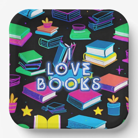 Ik hou van boeken kleurrijk vierkant papieren bordje (Voorkant)