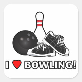 Ik hou van bowlen met bal, schoenen en pin vierkante sticker