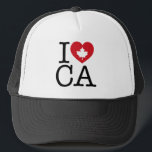 Ik hou van CA | Ik hou van Canada Custom Trucker H Trucker Pet<br><div class="desc">Laat iedereen weten hoeveel je van Canada houdt met dit "I Love CA" -pet met retro-typografie en esdoornblad-hartaccent. De perfecte manier om je trots en liefde voor show te tonen. Andere landen,  staten,  provincies en steden zijn beschikbaar.</div>