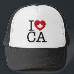 Ik hou van CA | Ik hou van Canada Custom Trucker H Trucker Pet<br><div class="desc">Laat iedereen weten hoeveel je van Canada houdt met dit "I Love CA" -pet met retro-typografie en esdoornblad-hartaccent. De perfecte manier om je trots en liefde voor show te tonen. Andere landen,  staten,  provincies en steden zijn beschikbaar.</div>