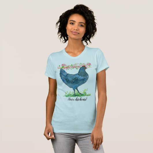 Ik hou van Chickens Blue Hen Waterverf T-shirt (Voorkant volledig)