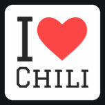 Ik hou van chili vierkante sticker<br><div class="desc">Ik hou van chili,  voor liefhebbers van eten</div>