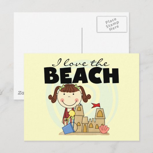Ik hou van de Beach Brunette Girl Tshirts en cadea Briefkaart (Voorkant / Achterkant)