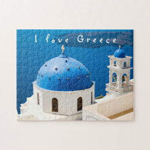 Ik hou van de Griekse kerk Santorini: blauwe foto  Legpuzzel