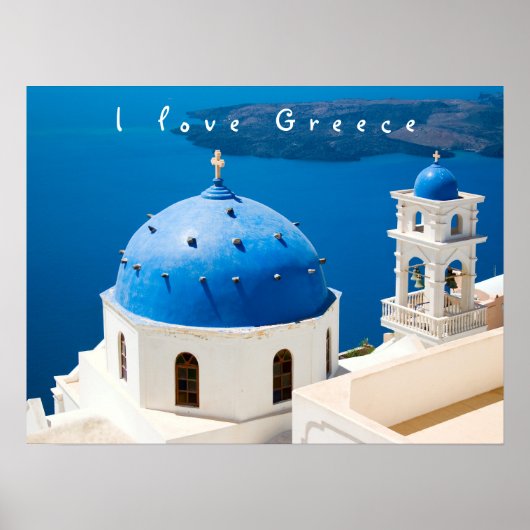 Ik hou van de Griekse kerk Santorini: blauwe foto  Poster (Voorkant)