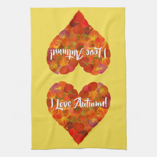 Ik hou van de herfst.—Red Aspen Leaf Heart 1 Theedoek