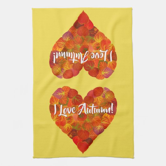 Ik hou van de herfst.—Red Aspen Leaf Heart 1 Theedoek (Verticaal)