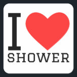 Ik hou van douchen vierkante sticker<br><div class="desc">Ik hou van douche,  voor waterliefhebbers</div>