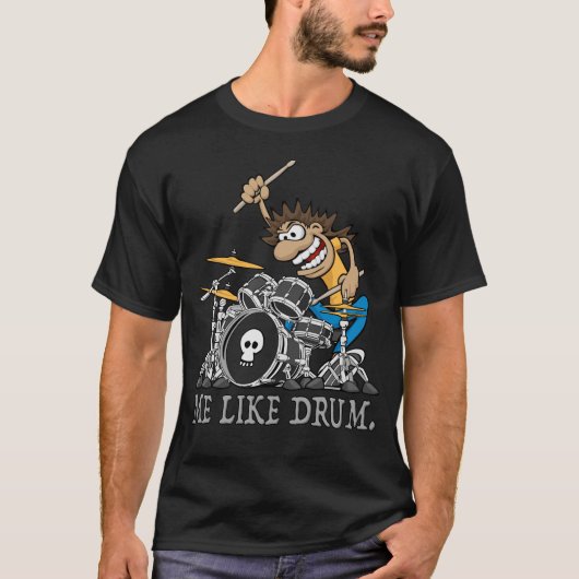 Ik hou van drum. Wild Drummer Cartoon Illustratie T-shirt (Voorkant)