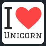 Ik hou van eenhoorn vierkante sticker<br><div class="desc">Ik hou van eenhoorn,  voor fantasie liefhebbers</div>