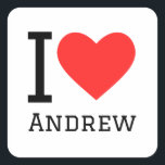 Ik hou van en rew vierkante sticker<br><div class="desc">Ik hou van Andrew,  voor mannen noem ik liefhebbers</div>