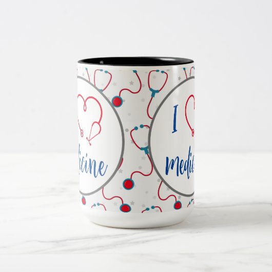 "Ik hou van geneeskunde" stethoscoop medisch dokte Tweekleurige Koffiemok (Center)