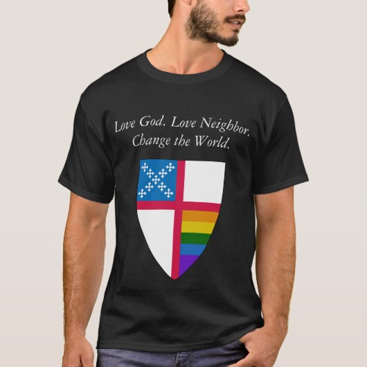 Ik hou van God. Liefde buurman. Episcopale LGBTQ T-shirt (Voorkant)